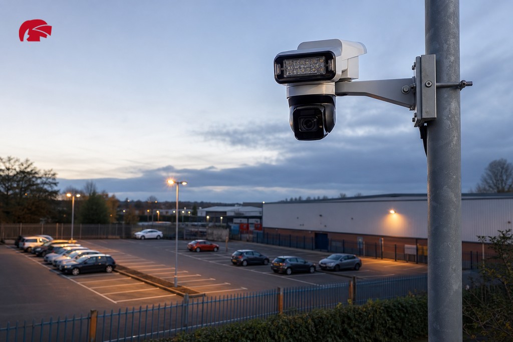 Active deterrence CCTV camera mounted on pole overlooking a Manchester commercial car park at dusk