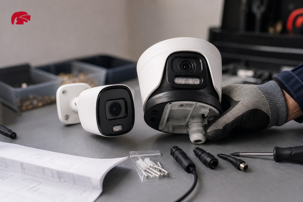 Two active deterrence CCTV cameras compared side by side on a trade workbench during product assessment
