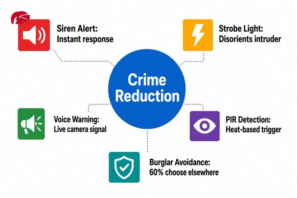Infographic showing how active deterrence CCTV cameras reduce crime using sirens, strobes, voice warnings, and smart detectio