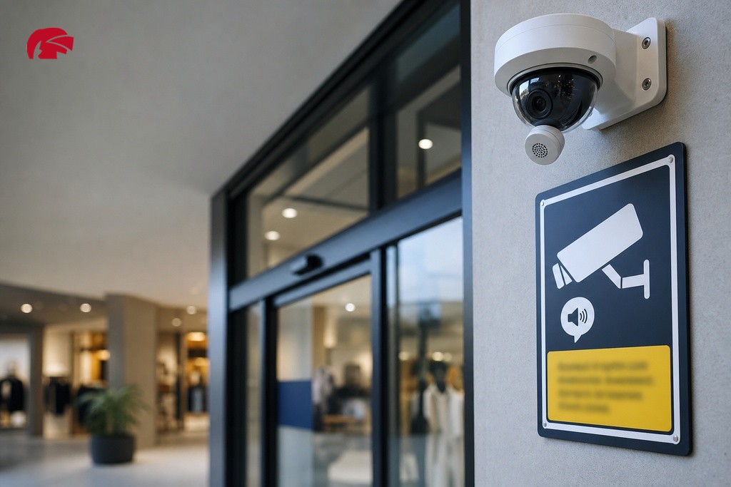 Audio CCTV warning sign and dome camera with microphone at commercial premises entrance UK