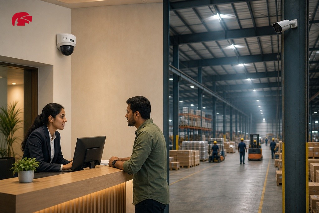 Audio CCTV camera at reception desk versus bullet camera in high-ceiling warehouse showing audio limitations