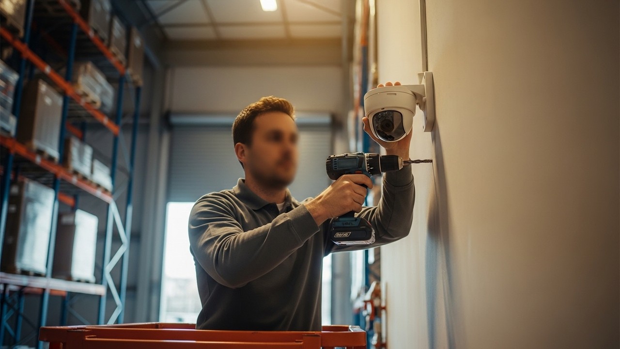 Security installer mounting a dome CCTV camera at height inside a warehouse, demonstrating correct camera positioning
