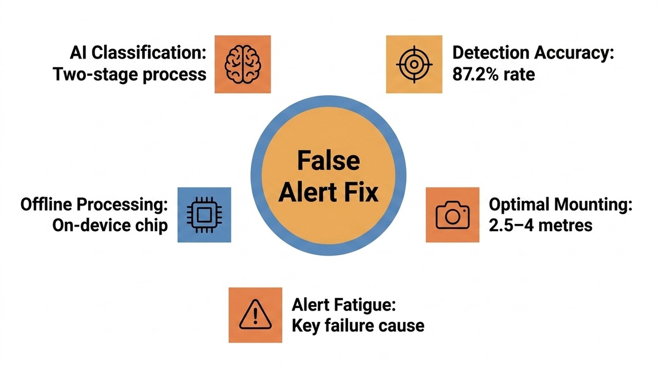 ITEM 1: Label: False Alert Fix Value: Human presence only Icon: shield ITEM 2: Label: AI Classification Value: Two-stage proc