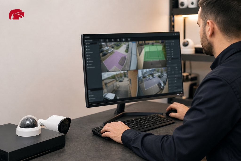 CCTV technician configuring privacy masking zones on an NVR surveillance management interface