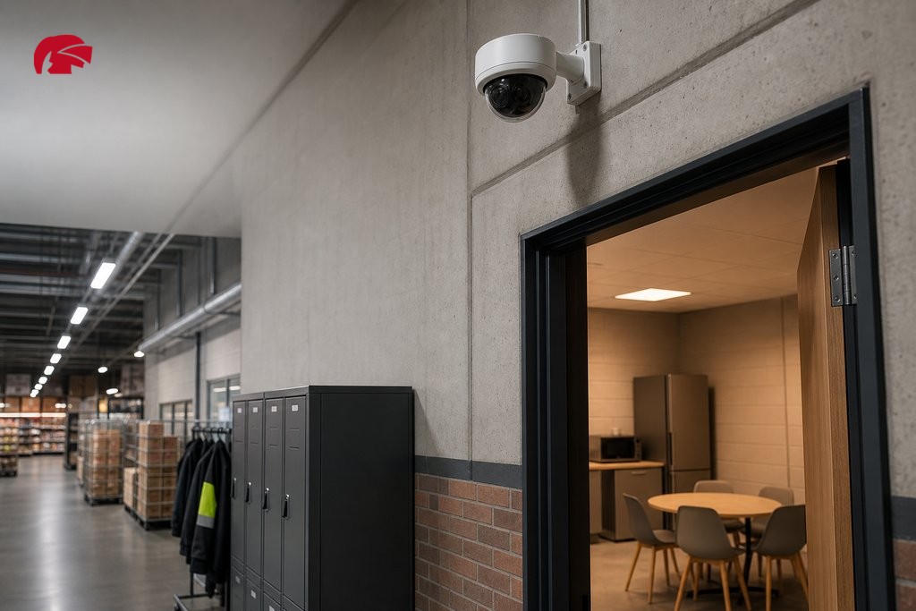 Dome CCTV camera mounted near a staff welfare area entrance in a commercial warehouse corridor