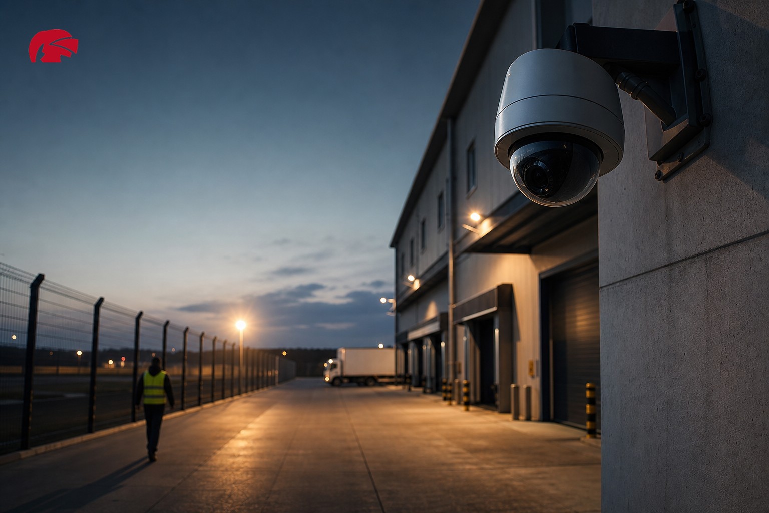 CCTV dome camera monitoring warehouse perimeter with figure crossing boundary line at dusk