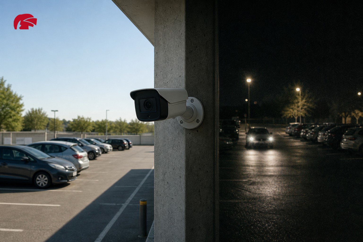 CCTV camera on concrete pillar showing contrasting performance in bright daylight versus low-light glare conditions