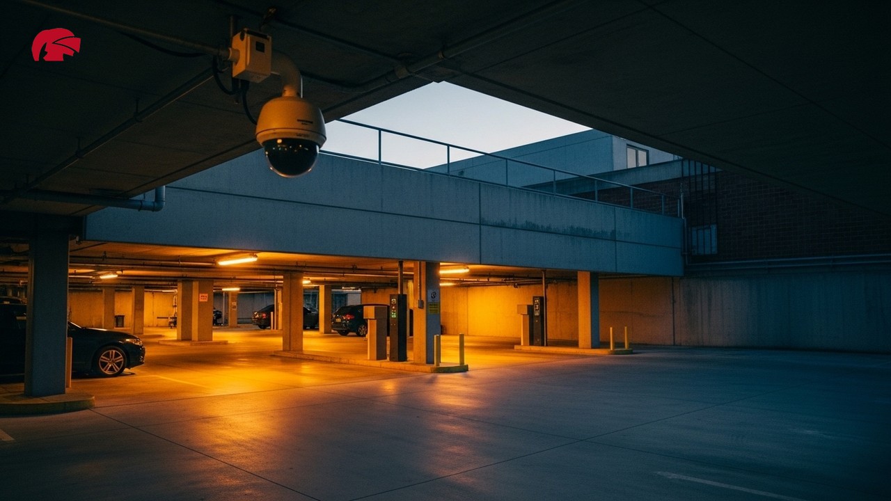 Dome CCTV camera mounted at dimly lit car park entrance showing real-world low-light surveillance conditions