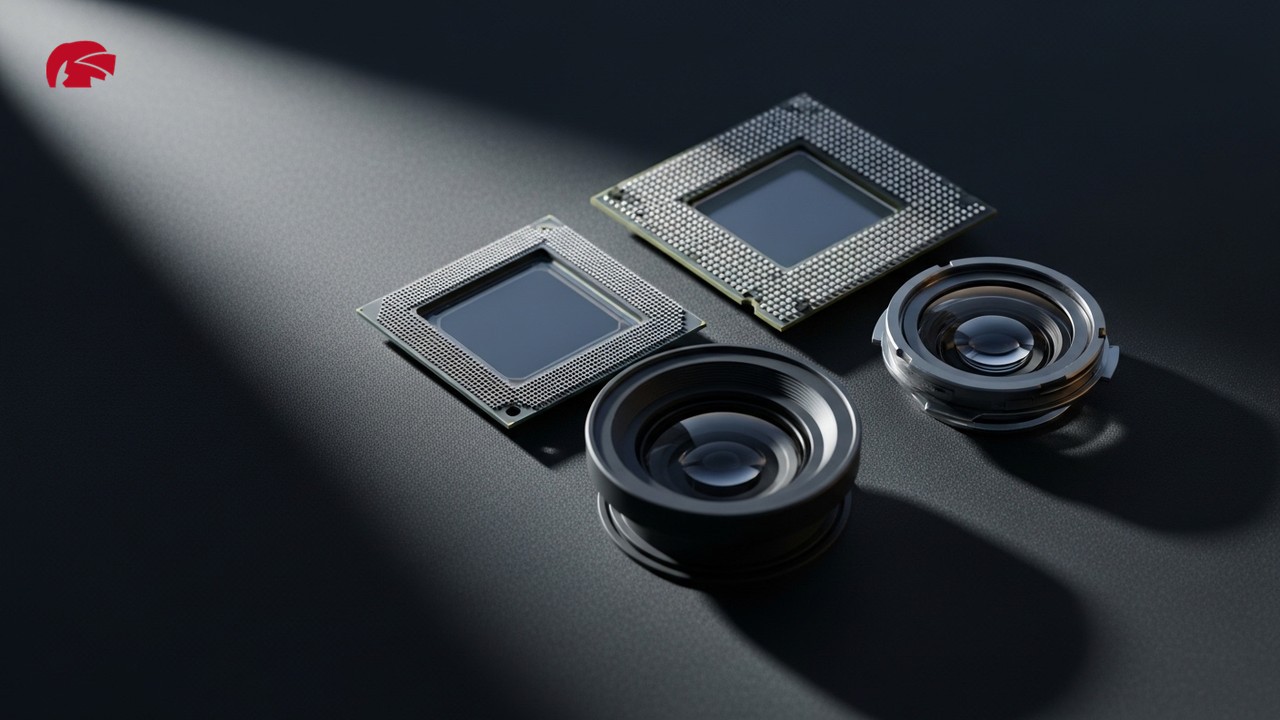 Close-up of CCTV camera sensor and wide-aperture lens components showing starlight camera hardware