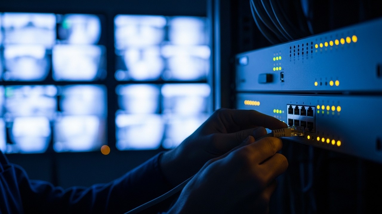Technician connecting network cable to NVR rack unit in server room with live CCTV feeds on monitors