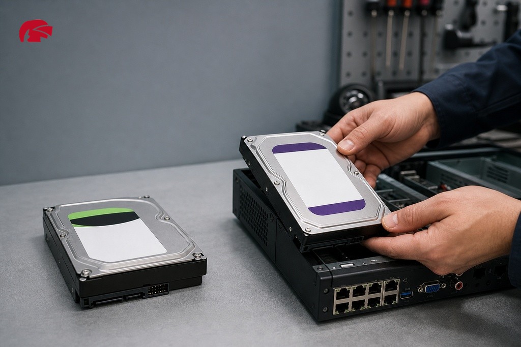 Surveillance hard drive vs standard desktop drive comparison next to open NVR recorder on workshop bench
