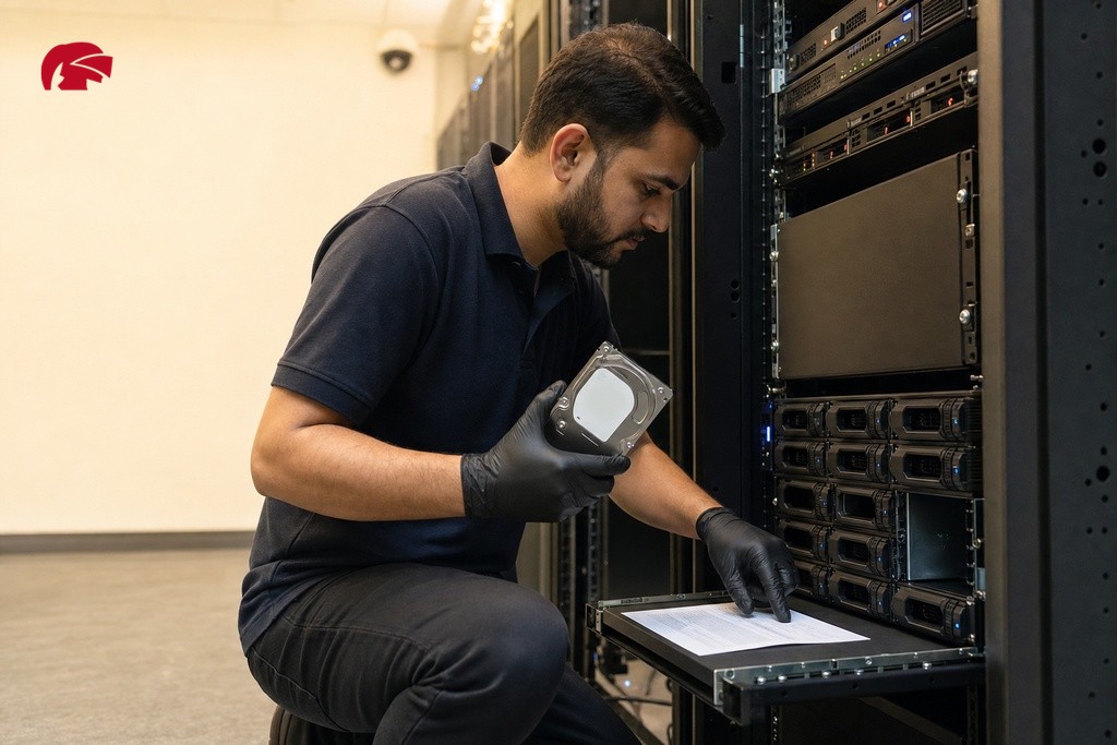 Technician checking hard drive compatibility against NVR recorder spec sheet during installation