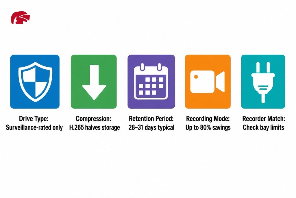 Key factors for choosing a CCTV hard drive: drive type, compression, retention period, recording mode, and recorder compatibi