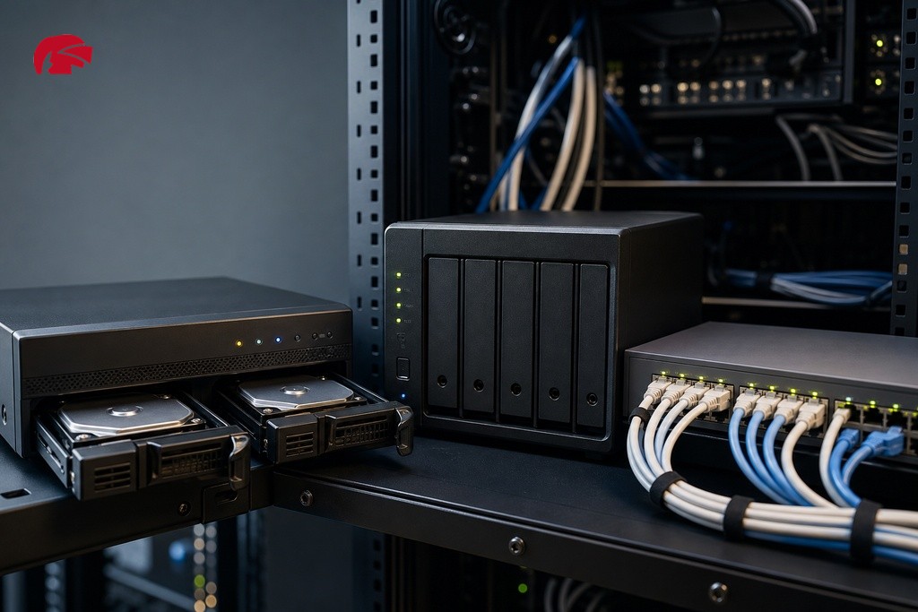 CCTV storage comparison: DVR hard drive bay, NAS device, and network switch in a security equipment room