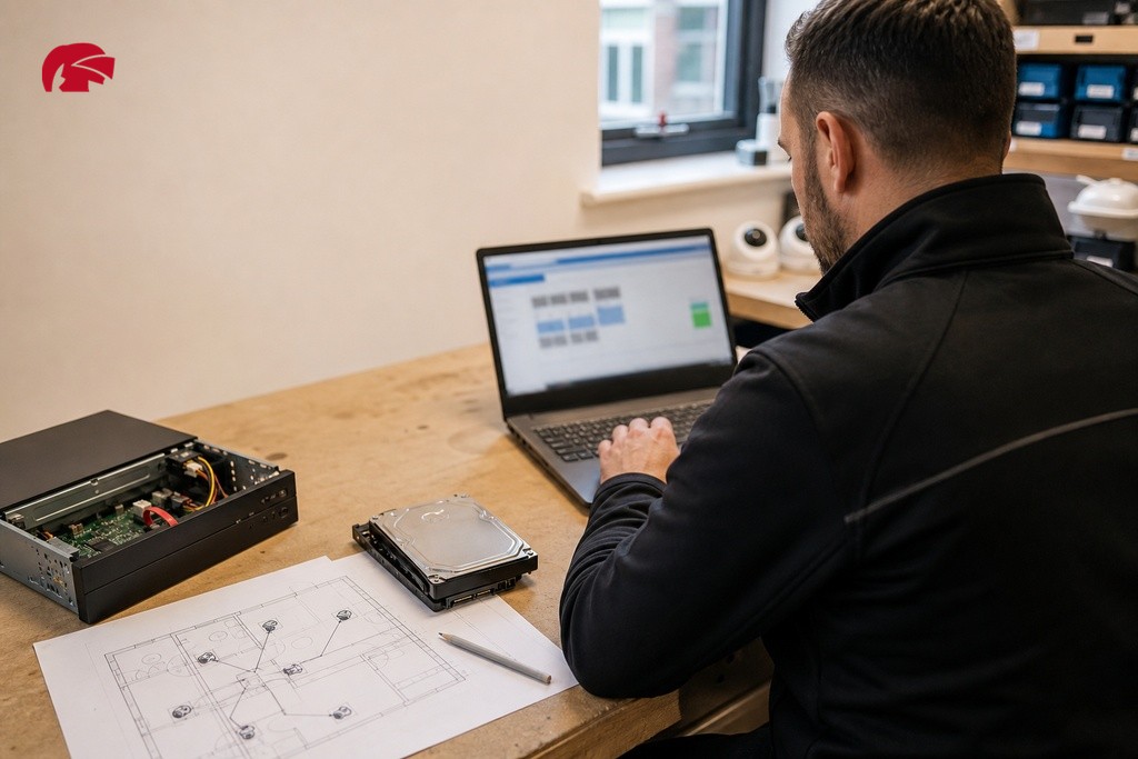 Security installer calculating CCTV storage capacity with a hard drive, NVR unit, and site plan on a workbench