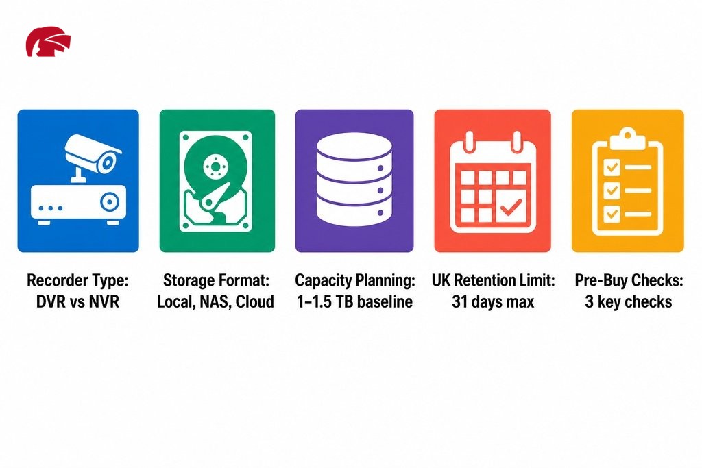 Key factors for choosing CCTV recorder and storage: recorder type, storage format, capacity, and UK retention rules.